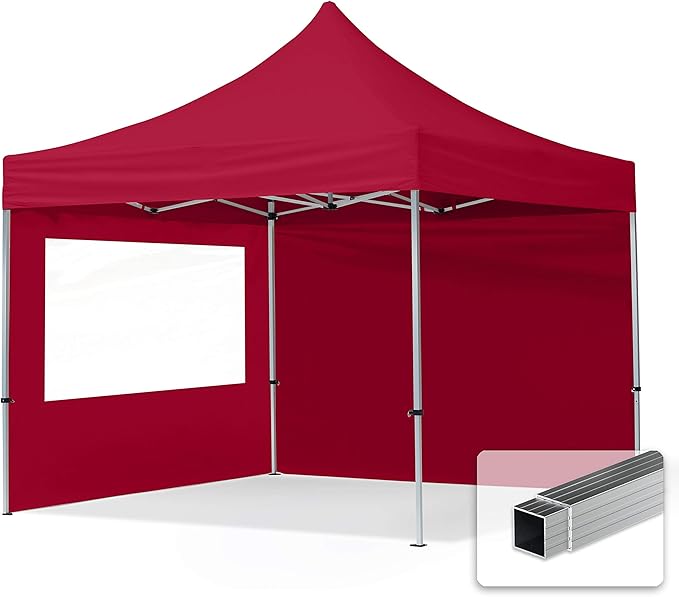 TOOLPORT 10x10 ft PES 700 Pop up Canopy Tent Economy Aluminium 1.3 in., incl. 2 Sidewalls with Panorama Windows, Red