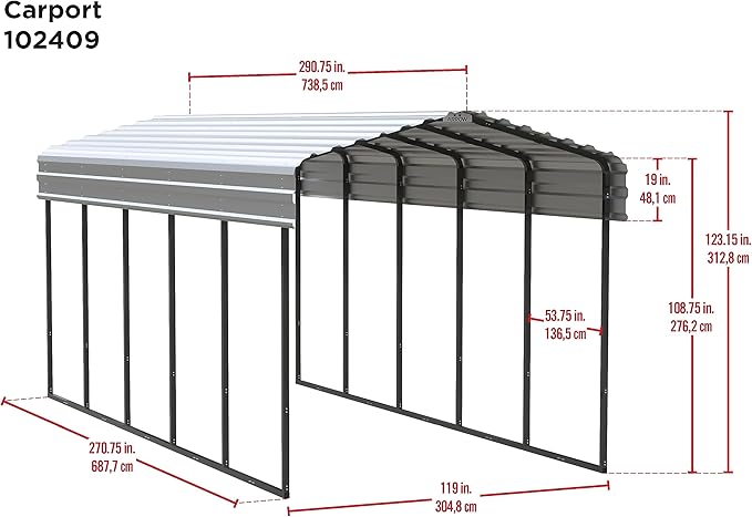 Arrow Carports Galvanized Steel Carport, Compact Car Metal Carport Kit, 10' x 24' x 9', Charcoal