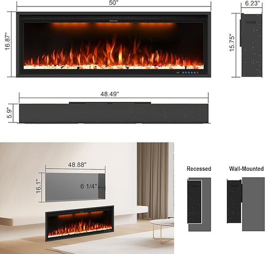 50" Smart Electric Fireplace Inserts,Slim Fireplace with APP Control & Remote Control& Touch Panel,13 Adjustable Flame Color&13 Fuel Bed Colors,750W/1500W,Black