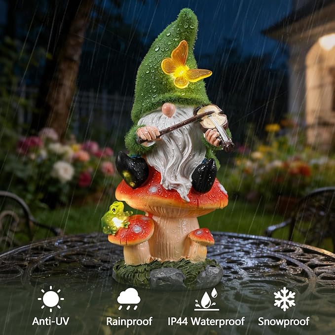 Ayadon Solar Gnome on Mushroom Stool Statue Decor, Gnome Figurines with Ambiance LED Light for Garden Decorations for Patio Lawn Balcony Fairy Gardens, Housewarming Gifts for Women Mom Grandma