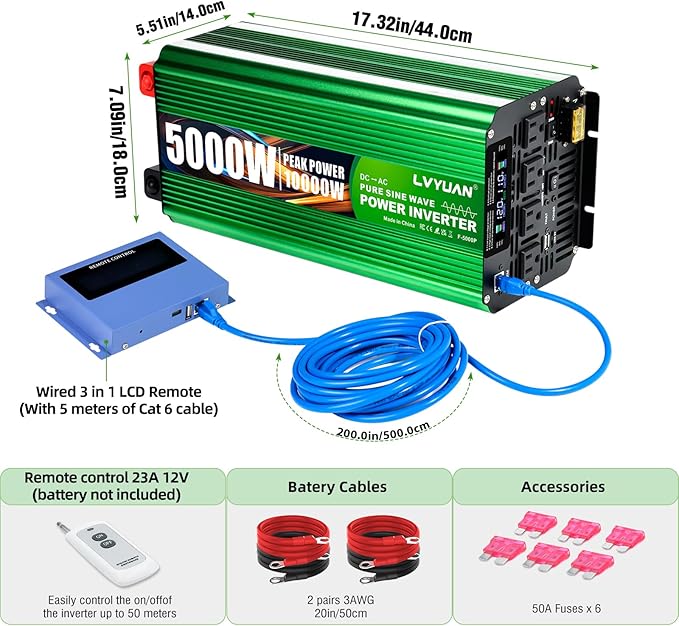 LVYUAN 5000 Watt Heavy Duty 10000(Peak) Pure Sine Wave Power Inverter 12V DC to 110V/120V AC Converter with 4 Sockets, LCD Display, Remote Control and USB Port for Home, RV, Truck, Solar, Emergency