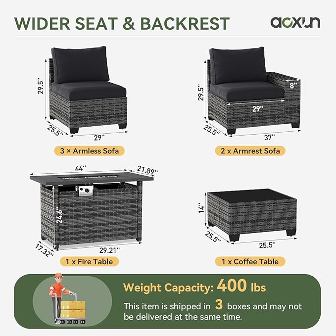 Aoxun Outdoor Patio Furniture Set with 44'' Fire Pit Table, 7 Pcs Outdoor Patio Furniture Sets with 4in Thicken Cushion, Widen Armrests Wicker Outdoor Sectional for Backyard (Waterproof Cover Include)