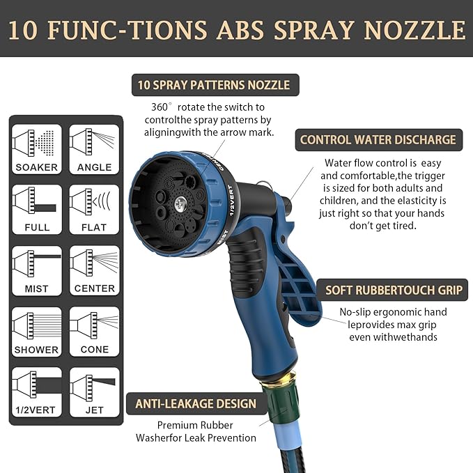 Heavy Duty Non-Expanding Garden Hose 50ft - Durable Reinforced Water Hose with Leak-Proof Construction ， Kink-Resistant, TPV material, 10-Function Spray Nozzle, 3/4" Connector & Portable Strap（50FT)
