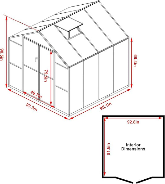 8x8 FT Outdoor Greenhouse Kit, Polycarbonate Aluminum Walk-in Greenhouse with Adjustable Roof Vent and Lockable Door, Backyard Garden in Winter, Gray