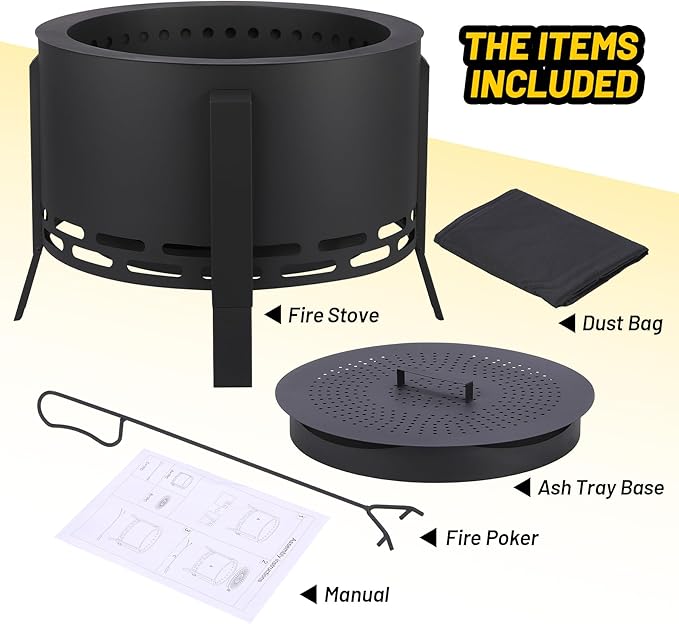 GarveeLife 26 in Smokeless Fire Pit with Ash Tray Base,Smokeless Outdoor Firepits with Adjustable Foot&Fire Poker,Firepit with Dust Bag,Outdoor Fire Pits for BBQ,Bonfire,Camping