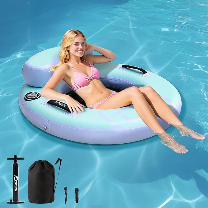 UPWELL Round Inflatable Pool Float Hammock with Backrest - Heavy Duty Mesh Mat for Adults, Tanning, Lakes and Rivers