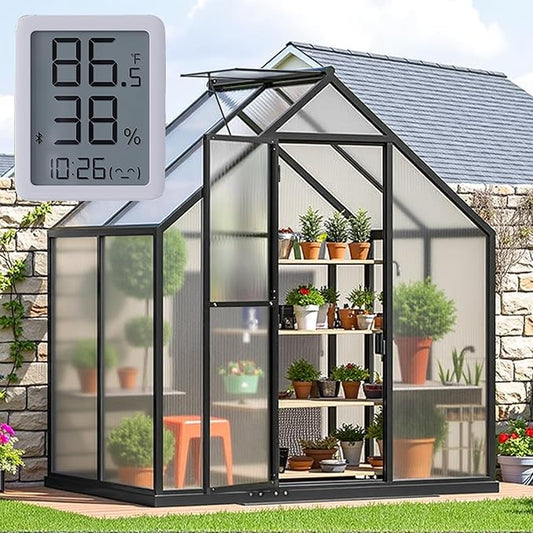 6×4FT Small Greenhouse, Walk in Green Houses for Outside and Garden Planting, Enhanced Aluminum Mini Greenhouse with Electronic Thermometers, Withstands Bad Weather to Protect Vegetable or Plants