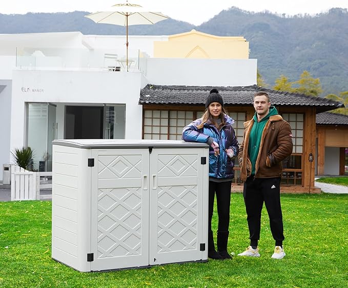 ADDOK 2SG Larger Horizontal Storage Shed Wood-Like, 4.4 x 2.8 ft Outdoor Storage Cabinet Lockable, Thick Resin Storage Unit for Trash Cans, Yard Tools（38 Cu.ft