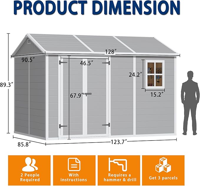 8x10 FT Resin Outdoor Storage Shed with Floor, Weather-Resistant Plastic Garden Shed with Windows, Lockable Door and Vents, Outside Tool Storage Sheds for Backyard, Garden, Lawn, Grey