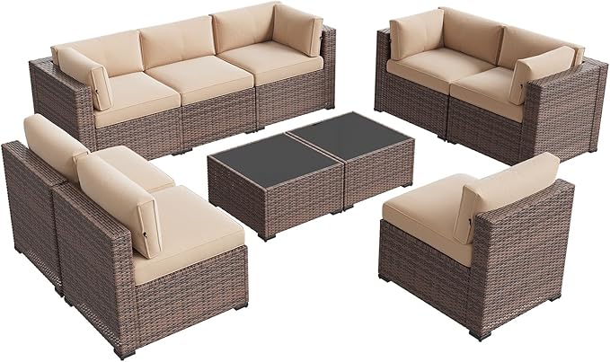 Aoxun Patio Furniture Sets, 10-Piece Outdoor Patio Furniture with Thick Cushions, Wicker Outdoor Conversation Set Sectional Sofa for Backyard, Poolside, Garden