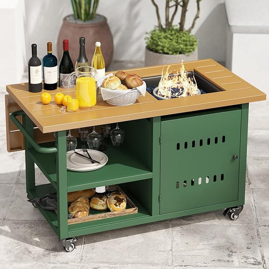 Gas Fire Pits for Outside Patio, Rectangular Fire Pit Tables, Firepit Table Propane, 44" Outdoor Propane Fire Pit with Universal Wheels, 2 in 1 Rectangle Gas Fire Pit Table, Green