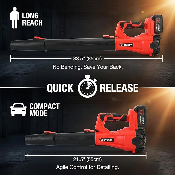 JH Steady 21V Cordless Leaf Blower - 3500W 350m/s, Stepless Variable Speed, Extended Nozzle, Rechargeable with Safety Gear (Red:1*Battery + Charger)