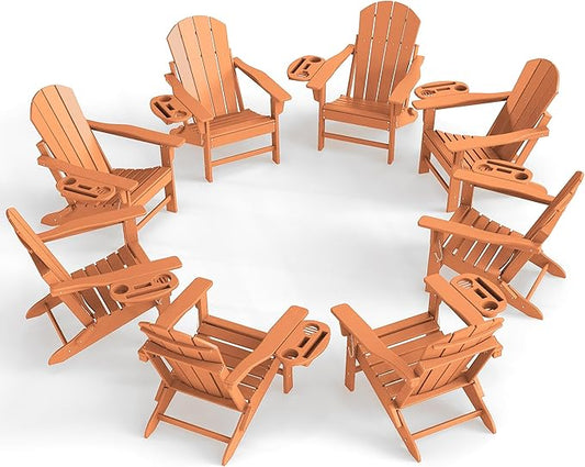 Adirondack Chair Set of 8, HDPE Folding Adirondack Chair with Multifunctional Cup Holder, Weather Resistant Fire Pit Chair for porches, patios, poolsides, Decks.