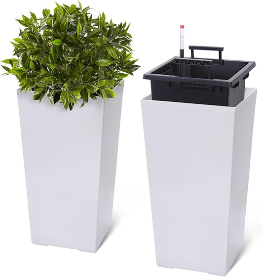 Garvee 22.5" Tall Planters Set of 2, Outdoor＆Indoor Black Planter Pots, High Front Porch Planter Pots with Drainage Holes＆Water Level Monitor＆Inner Bucket,White