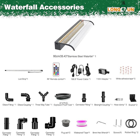Pool Fountain, LONGRUN Waterfall Spillway for Koi Ponds - 35.4" Transparent Acrylic Waterfall for Swimming Pool, Garden Pond, Patios, Spa Decoration