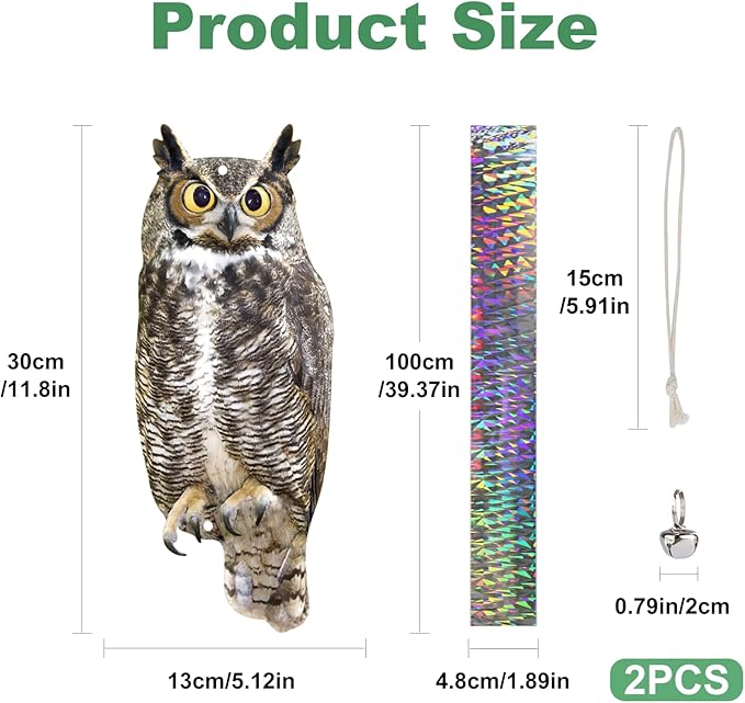 2PCS Reflective Hanging Hawk Fake Owl Decoration, Realistic Hanging Owl for Garden Patio Windows