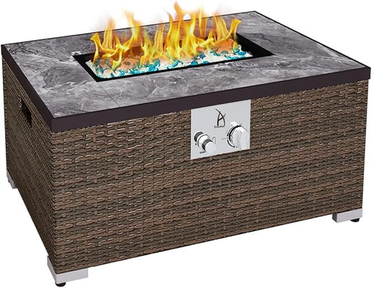 32'' Propane Fire Pit Table, Marble Textured Ceramic Tabletop, 50,000 BTU Fire Table with Brown Wicker, Mix Color Glass Rocks, Including Lid&Cover, Rectangle, Tank Required to Be Kept Outside
