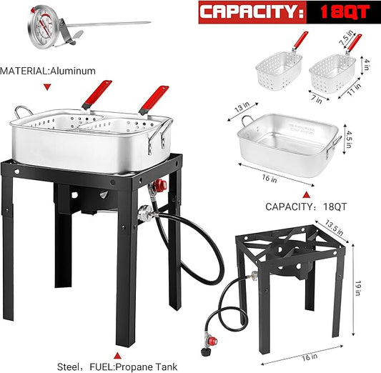 OT18 Propane Deep Fryer with 18Qt Square Deep Fryer Pot – High Grade Strainer Basket Aluminum Pot for Fish Fry, Seafood Pot – Propane Burners for Outdoor Cooking Include Thermometer
