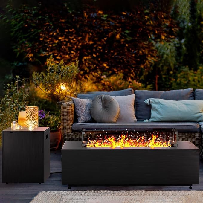 42in Fire Pit Table Propane Fire Pit 2 Piece Rectangular Gas Fire Pits 50,000 BTU with Wind Guard Propane Tank Cover Table Lava Rocks for Outdoor Outside Patio