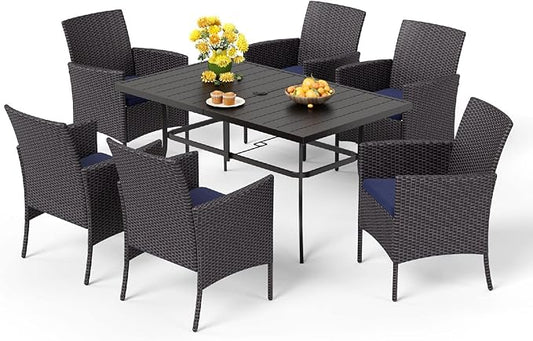 MFSTUDIO 7 Pieces Patio Wicker Outdoor Rattan Dining Furniture Set for 6, Outdoor Furniture Rectangular Dining Table and Chairs Set, Patio Wicker & Metal Dining Set for 6 and Chairs