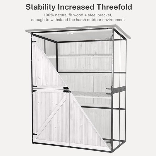 Outdoor Storage Shed with Floor - Waterproof Natural Fir Cabinet with Adjustable Shelves and Double Lock for Anti-Theft - Suitable for Storing Garden Tools and Household Debris (White)