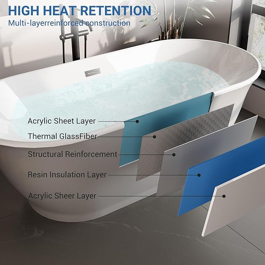 67" Free Standing Tub, Acrylic Soaking Bathtub, Stand Alone Freestanding Tub with Matte Sliver Drain and Overflow, Contemporary Bathtub for Bathroom, Flora