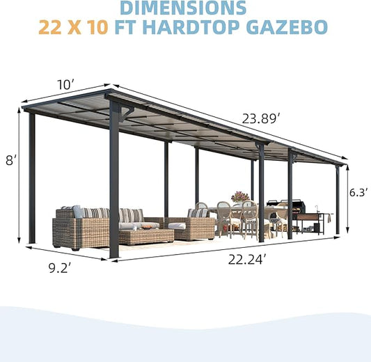AECOJOY 10' x 24' Gazebo for Patio, Large Wall-Mounted Hard Top Lean-to Gazebo Pergola with Roof 24' x 10' on Clearance, Heavy Duty Patio Awnings for Decks, Backyard