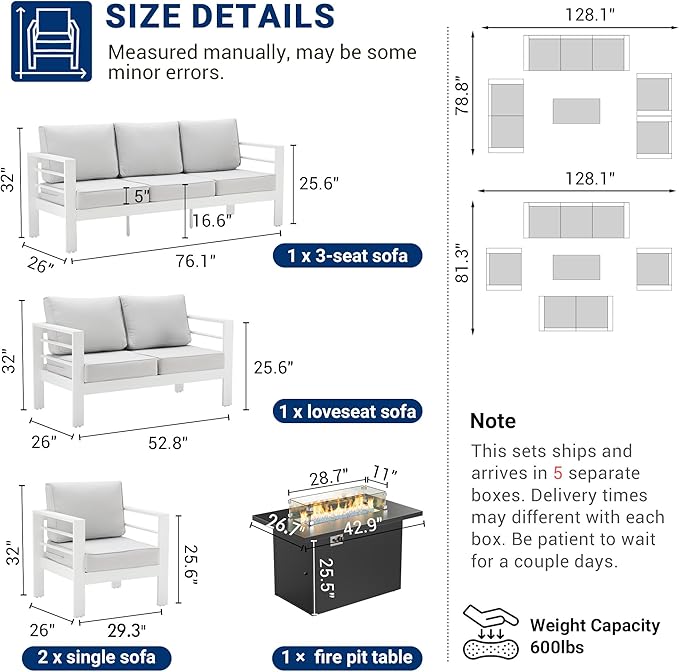 UDPATIO 6 Piece Aluminum Patio Furniture Set with Aluminum Fire Pit Table,Mordern Outdoor Furniture Set with Water-Proof Cover Included,White