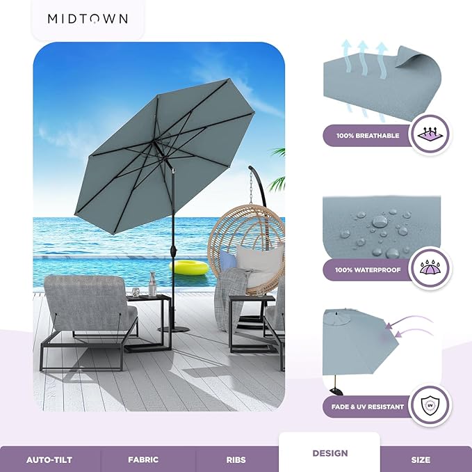 Midtown Umbrellas Sunbrella Umbrella 9 Feet Outdoor Umbrella With Canvas Haze Acrylic Fabric - Auto-Tilt Aluminum Frame Patio Umbrella For Backyard, Deck, Garden, Pool - Black Pole