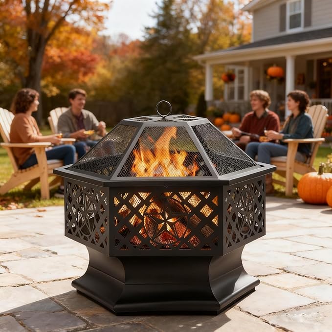 28 Inch Hexagonal Fire Pit,Wood Burning Firepits for Outside with Spark Screen&Poker,Metal Hex-Shaped Outdoor Fire Pit for Outside,Backyard,Bonfire,Patio,Garden,Picnic and Camping（Black）