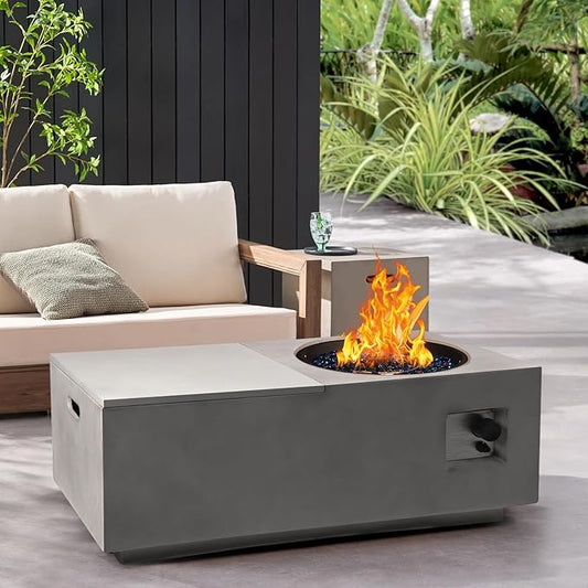 42inch Rectangular Propane Fire Pit with Tank Cover, 40,000 BTU Outdoor Concrete Fire Table with Storage Gas Fire Pits for Outside Patio - Lid, Rain Cover, Blue Glass