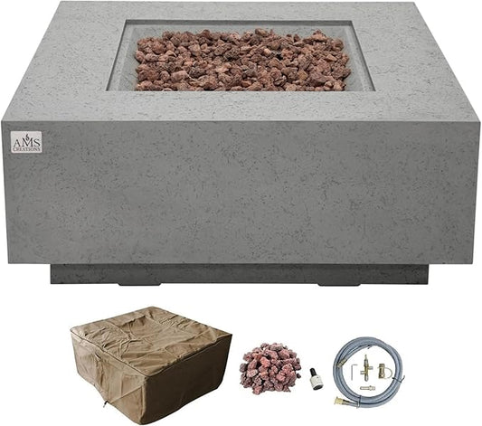 AMS Creations | Brooklyn 40" Square Natural Gas Outdoor Fire Pit Table | Light Gray Concrete GFRC | Limestone Texture Surface Fire Pit Table