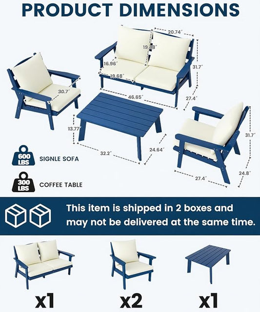 FOOWIN 4-Piece Patio Furniture Set, HDPE All-Weather Outdoor Conversation Set with Thick Cushions, Sectional Patio Sofa Furniture for Deck, Porch, Lawn, Garden, Navy Blue Frame & White Cushion