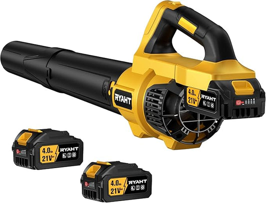 RYAHT Leaf Blower Cordless, 21V Powerful Electric Leaf Blower with 2 X 4.0Ah Batteries and Charger, 2 Speed Modes, Handheld Lightweight Leaf Blowers for Lawn Care, Patio, Dust, Blowing Leaves, Yellow