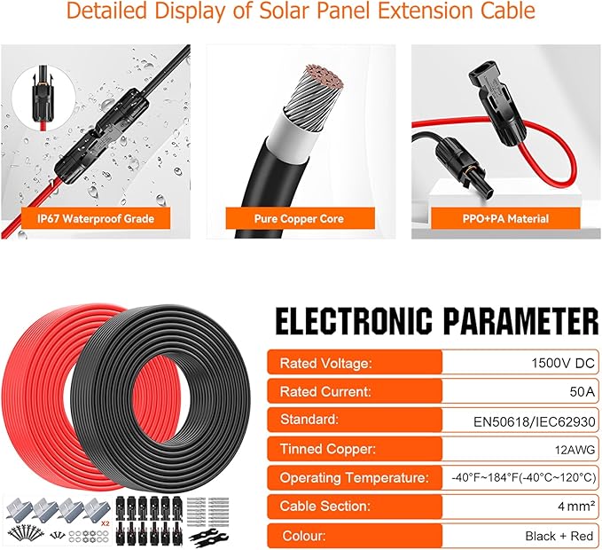 20Ft Solar Extension Cable 12AWG, 20 Feet Solar Panle Extension Wires Both End with Solar Connector for Solar Systems, Car, RVs, and Boats