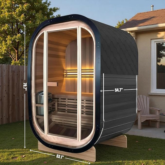 ZONEMEL Outdoor Traditional Cube Steam Sauna Room for 2 Person, Canadian Red Cedar Barrel Sauna with 4.5KW ETL Certified TOULE Heater, 8mm Tempered Glass, Black Color, 220V (0-195 °F)