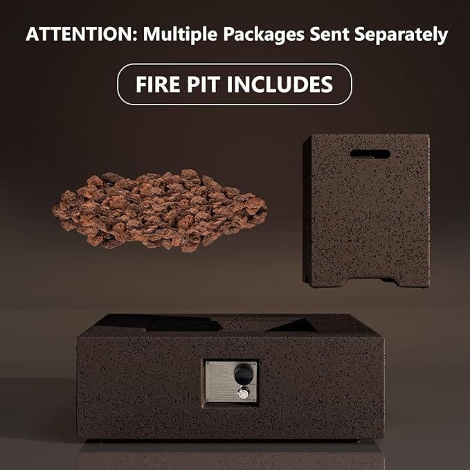 COSIEST Outdoor Propane Fire Pit Coffee Table w Square Faux Stone 35-inch Base, Certified, 50,000 BTU Stainless Steel Burner, Free Lava Rocks and Rain Cover,Tank Cover, Stone Bronze