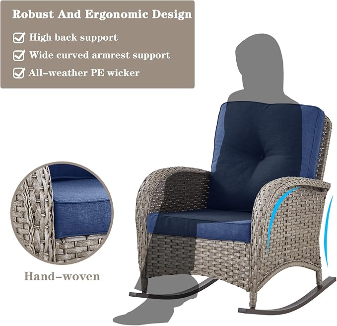 Belord Patio Furniture Set with Fire Pit Table - 8 Piece Outdoor Wicker Furniture Set with 43" 50000 BTU Propane Fire Pit and Rocking Chairs Patio Conversation Set for Deck Outside Backyard Blue