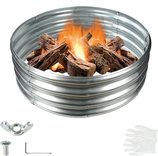 32 Inch Diameter Round Galvanized Fire Pit Ring/Fire Ring - Foldable and Perfect for Outdoor Gatherings and Campfires in The Yard/Garden/Park/Beach (Silver, 2.7 FT Diameter)