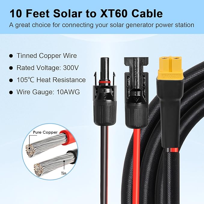 MOOKEERF Solar to XT60 Cable 10AWG - 10FT Solar Connector to XT60 Adapter Cable for Solar Panel to Battery RV Portable Power Station Solar Generator - 10 Foot