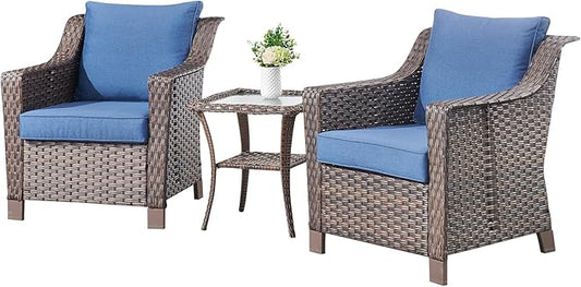 3 Pieces Patio Furniture Set-Wicker Patio Chairs Set of 2 with Tempered Glass End Table Outdoor Patio Chairs for Deck Balcony Poolside Backyard-Brown/Blue