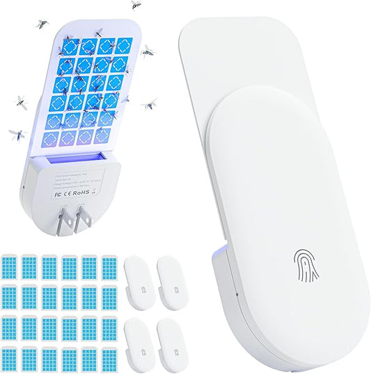 Flying Insect Trap, 2 in 1 Indoor Plug-in Fruit Fly Trap, 4 Trap White and 24 Glue Cards, Fruit Fly Traps for Gnat, Moth, Mosquito, Suitable for Every Part of The Home