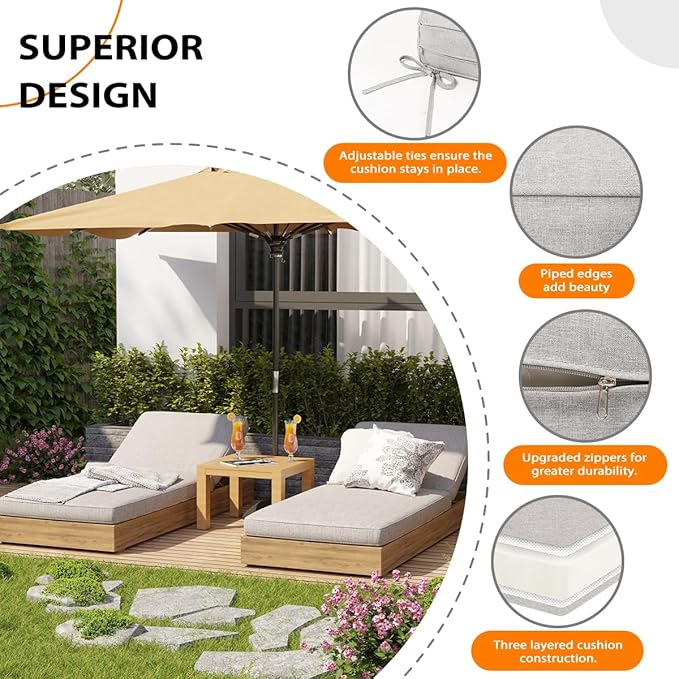 Sundale Outdoor Olefin Chaise Lounge Cushion, Water-Resistant Patio Lounge Chair Cushion, Thick Lounger Pad with 4 Straps Light Gray, 72 x 21 x 4 Inches