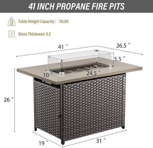 Belord 50000 BTU Propane Fire Pit Table with Lid and Lava Rock, 41 inch Rectangular Outdoor Firepit Wicker Furniture, Fireplace Table Perfect for Relaxed Outside Patio Backyard Ambiance, Brown