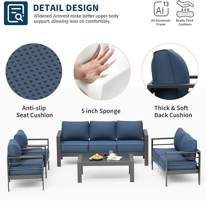 UDPATIO 8 Piece Aluminum Patio Furniture Set, Oversized Modern Outdoor Furniture Set with Olefin Fabric Cushion for Patio Deck Backyard, Dark Grey/Navy(with Waterproof Covers)