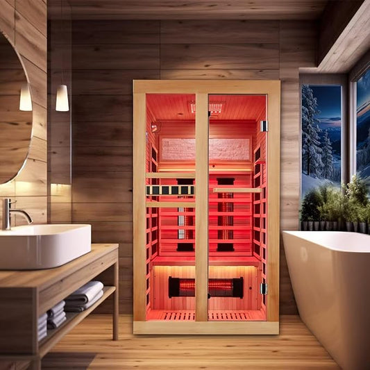 Full Spectrum Infrared Sauna, 2 Person Home Sauna with Red Light Therapy, 15 Minutes Pre-Warm up Indoor Dry Saunas with 2-in-1 Door Handle, 7 Color Light Belts, Canadian Hemlock, 110V
