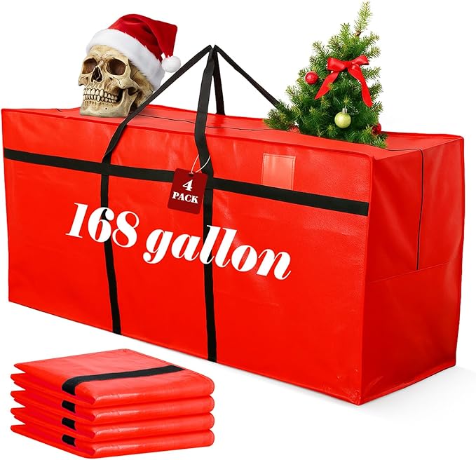 Windyun 4 Pack 168 Gallon Extra Large Storage Bags XXL Moving Bags with Zipper Handles Heavy Duty Jumbo Big Tote Box for Christmas Tree Storage 4, 5, 7.5, 9, 10, 12 ft Skeleton College Dorm(Red)