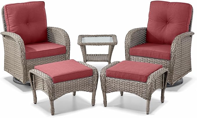 Belord 5 Pieces Wicker Patio Furniture Set - Swivel Rocker Outdoor Chairs with Ottomans and Side Table, Small Patio Conversation Set for Porch Deck Backyard Red