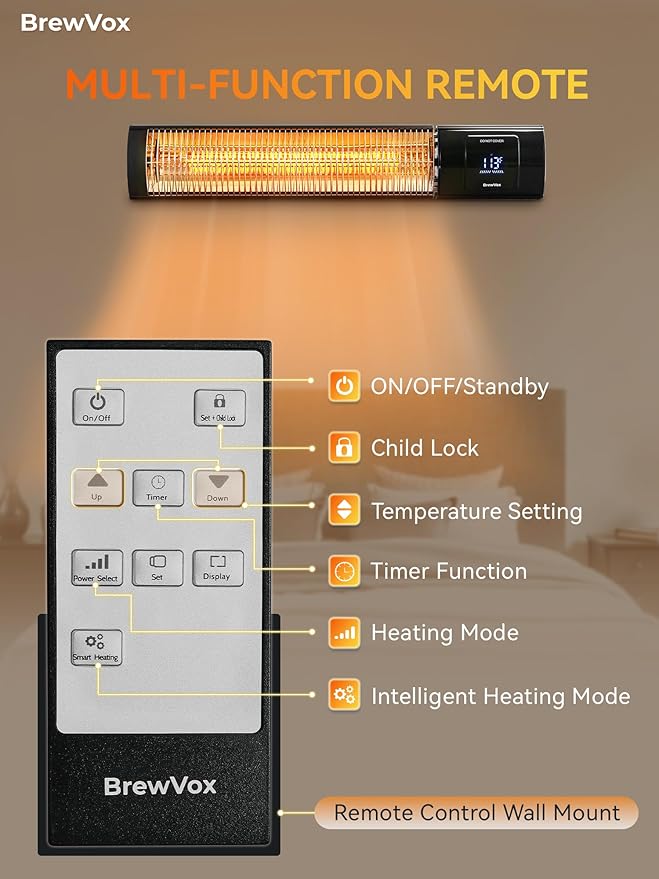 1500W Carbon Infrared Electric Outdoor Patio Heater with Thermostat, Instant Warmth, Smart App-Controlled Scheduling & Remote On/Off, IP65 Weatherproof, 24H Timer for Living Room, Bedroom, Garage