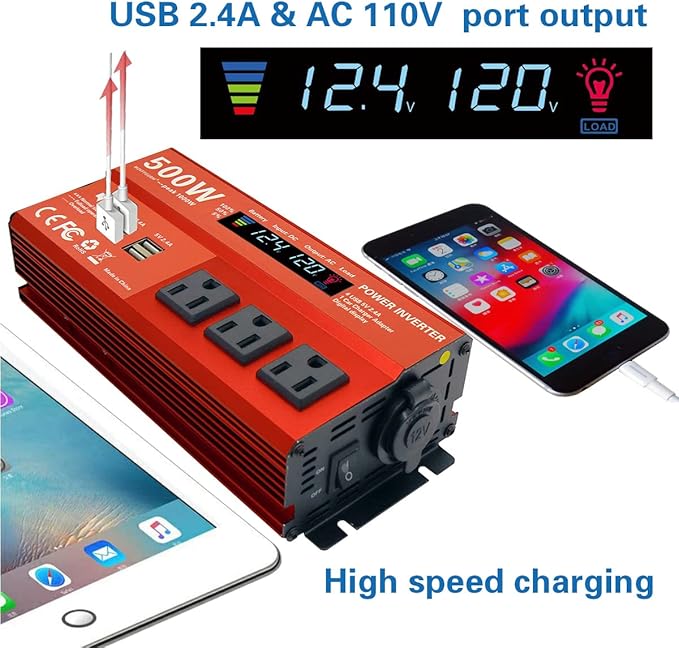 500W Peak 1000W Power Inverter for Vehicles,DC 12V to 110V AC,4 x 2.4A USB Ports car Plug in Adapter Outlet with 1 Cigarette Lighter Ports car Power Inverter